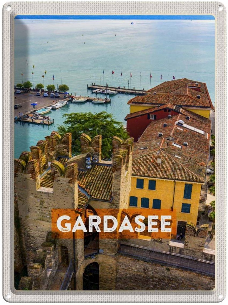 Blechschild 40x30 cm Gardasee Italien Europa Urlaub Boote Blick auf See Bildmotiv Reisemotiv Abenteuer Reisen