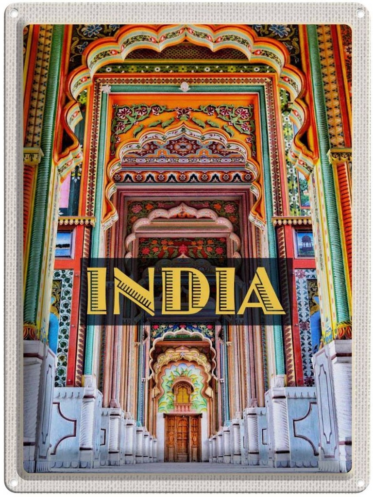 Blechschild 40x30 cm Indien Gemälde bunt Eingang Zeichnung Bildmotiv Reisemotiv Abenteuer Reisen Urlaub