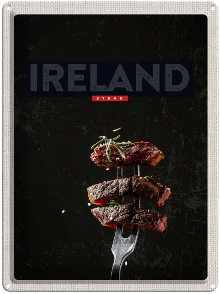 Blechschild 40x30 cm Irland Fleisch Steack Gabel Bildmotiv Reisemotiv Abenteuer Reisen Europa Urlaub