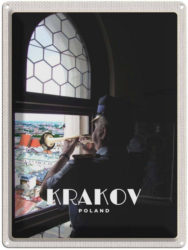 Blechschild 40x30 cm Krakow Polen Urlaub Mann Trompete Bildmotiv Reisemotiv Abenteuer Reisen Straße Stadt