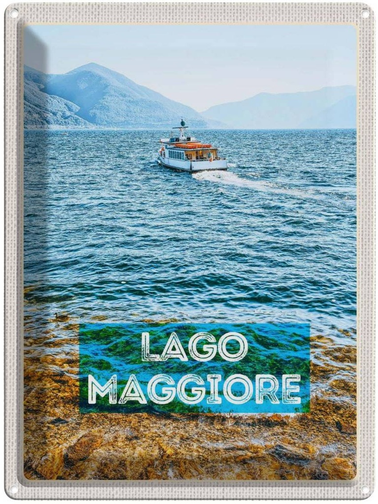 Blechschild 40x30 cm Lago Maggiore Europa Urlaub Italien Insel Boot Meer Bildmotiv Reisemotiv Abenteuer Reisen