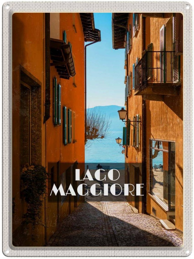 Blechschild 40x30 cm Lago Maggiore Urlaub Straße Häuser Gemälde Bildmotiv Reisemotiv Abenteuer Reisen Europa