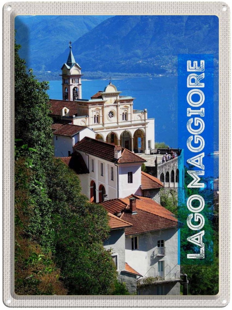 Blechschild 40x30 cm Lago Maggiore Europa Urlaub Aussicht auf Meer Stadt Bildmotiv Reisemotiv Abenteuer Reisen