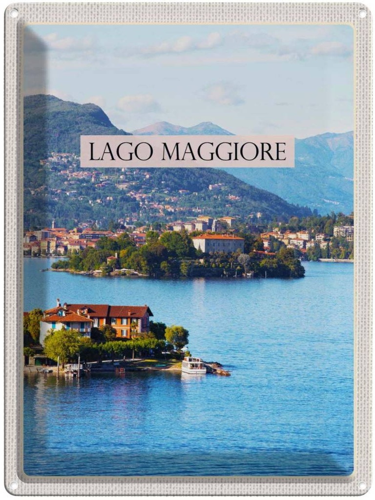 Blechschild 40x30 cm Lago Maggiore Europa Urlaub Aussicht auf Insel Meer Bildmotiv Reisemotiv Abenteuer Reisen