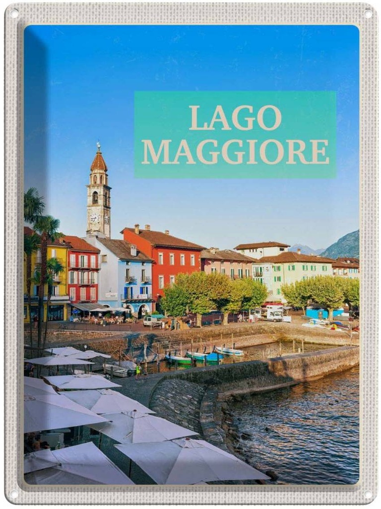 Blechschild 40x30 cm Lago Maggiore Urlaub Gebäude Meer Schirm Bildmotiv Reisemotiv Abenteuer Reisen Europa