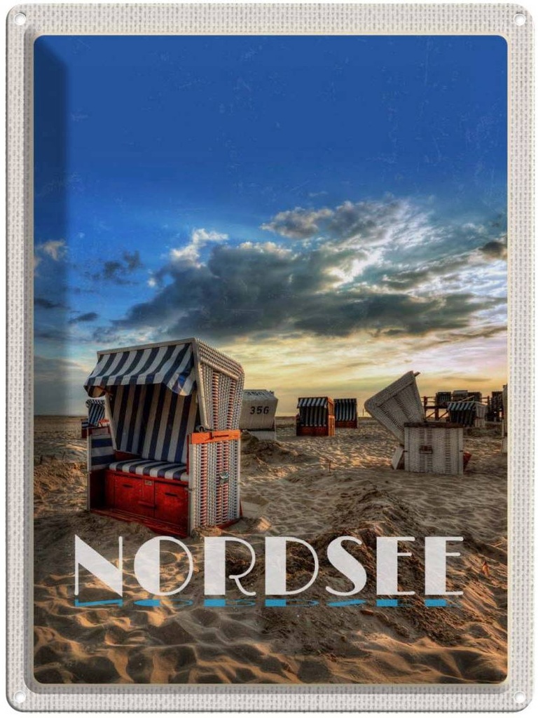 Blechschild 40x30 cm Nordsee Strandkorb Unwetter Gemälde Bildmotiv Reisemotiv Abenteuer Reisen Europa Urlaub