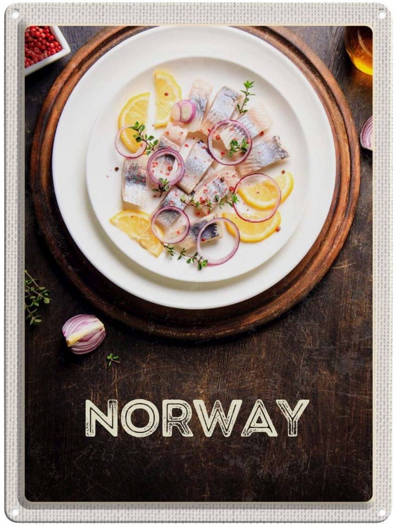 Blechschild 40x30 cm Norwegen Fischgerichte Zitrone Zwiebel Bildmotiv Reisemotiv Abenteuer Reisen Europa Urlaub