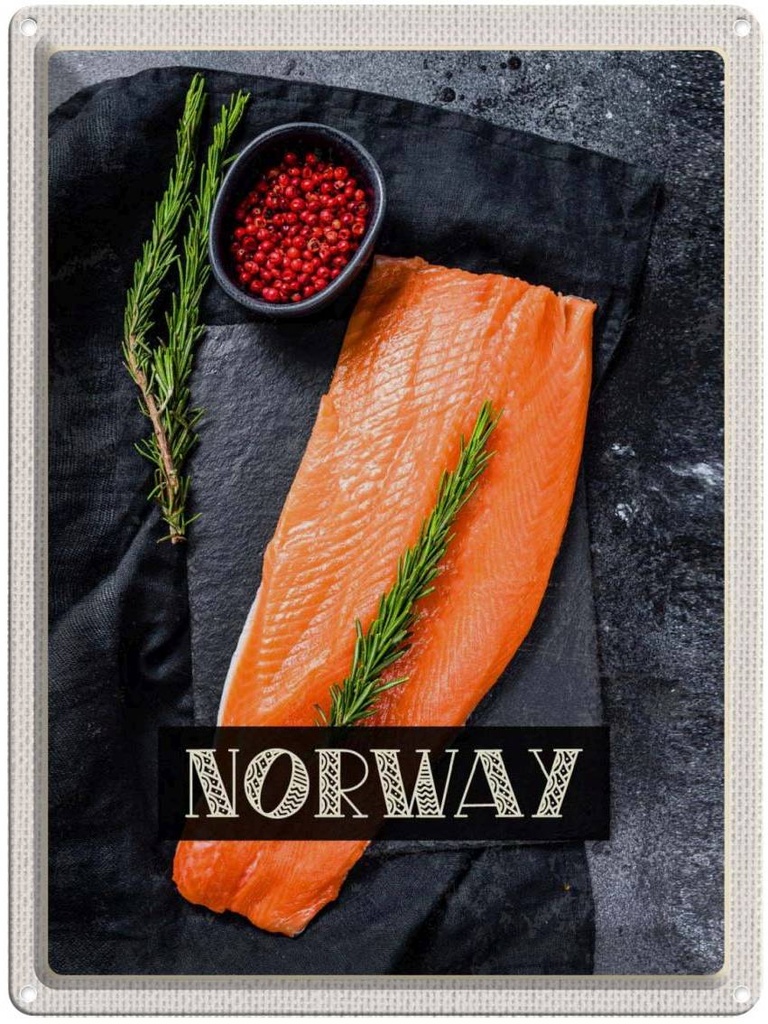 Blechschild 40x30 cm Norwegen Delikatese Lachs Thymian Bildmotiv Reisemotiv Abenteuer Reisen Europa Urlaub