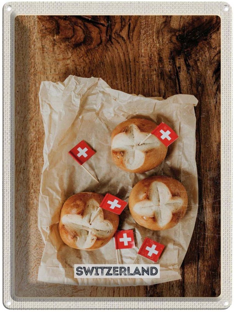 Blechschild 40x30 cm Schweiz Gerichte Laugenknoten Bildmotiv Reisemotiv Essen Trinken Abenteuer Reisen Urlaub