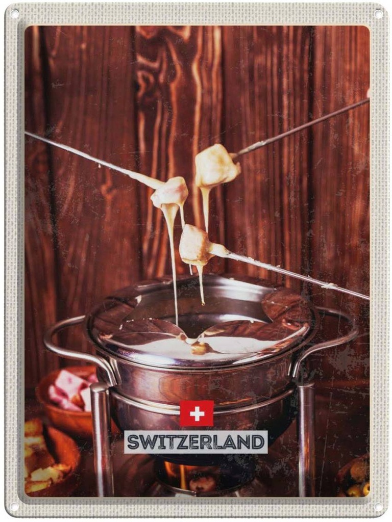 Blechschild 40x30 cm Schweiz Europa Urlaub Käse Raclett Gerichte Bildmotiv Reisemotiv Abenteuer Reisen