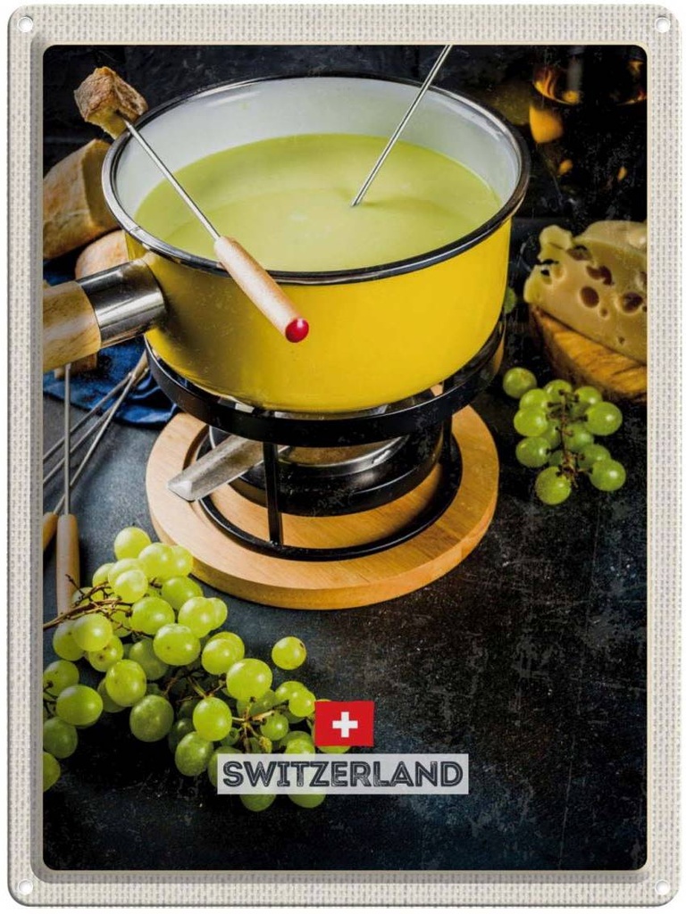Blechschild 40x30 cm Schweiz Delikatese Urlaub Brot Käse Trauben Bildmotiv Reisemotiv Abenteuer Reisen Europa