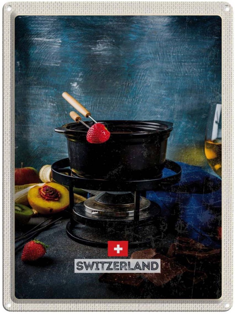 Blechschild 40x30 cm Schweiz Süße Urlaub Dessert Obst Schokolade Bildmotiv Reisemotiv Abenteuer Reisen Europa