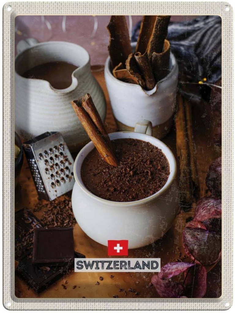 Blechschild 40x30 cm Schweiz Dessert Schokolade Zimtstange Bildmotiv Reisemotiv Abenteuer Reisen Europa Urlaub