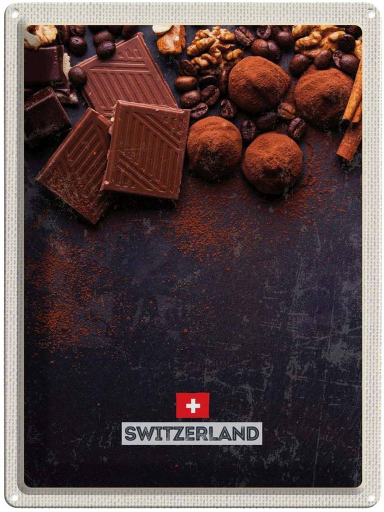 Blechschild 40x30 cm Schweiz Bern Urlaub Schokolade süß Bildmotiv Reisemotiv Abenteuer Reisen Straße Stadt