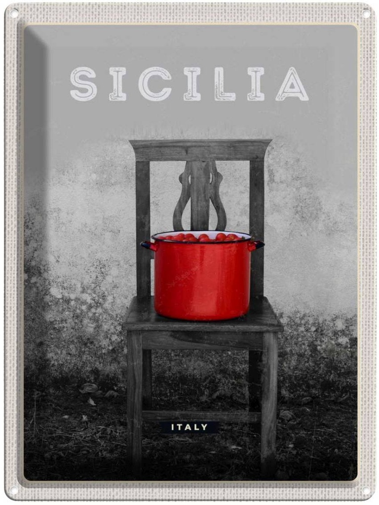 Blechschild 40x30 cm Sizilien Italien Urlaub Gemüse Tomaten Topf Bildmotiv Reisemotiv Abenteuer Reisen Europa
