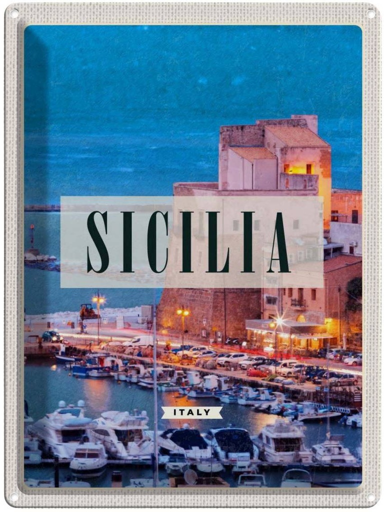 Blechschild 40x30 cm Sizilien Nacht Europa Urlaub Ausblick auf Ufer Boot Bildmotiv Reisemotiv Abenteuer Reisen