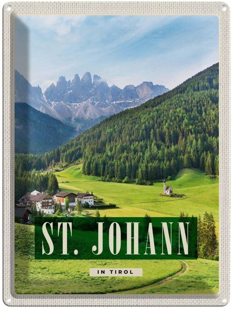Blechschild 40x30 cm St. Johann Reisen Europa Urlaub in Tirol Sommer Berg Reise Bildmotiv Reisemotiv Abenteuer