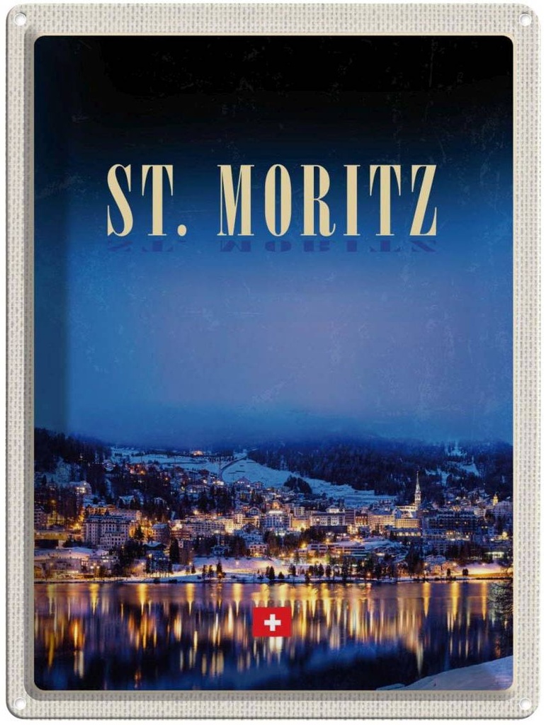 Blechschild 40x30 cm St. Moritz Urlaub Österreich Schnee Winter Bildmotiv Reisemotiv Abenteuer Reisen Europa