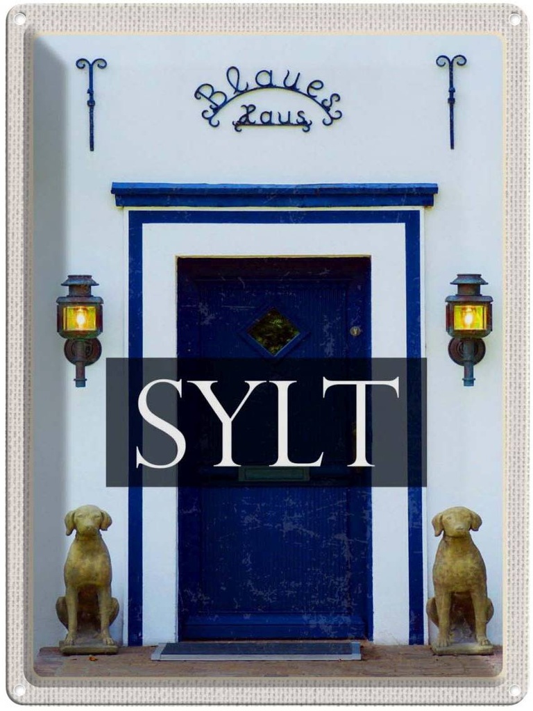 Blechschild 40x30 cm Sylt Deutschland Urlaub Blaues Haus Bildmotiv Reisemotiv Abenteuer Reisen Straße Stadt