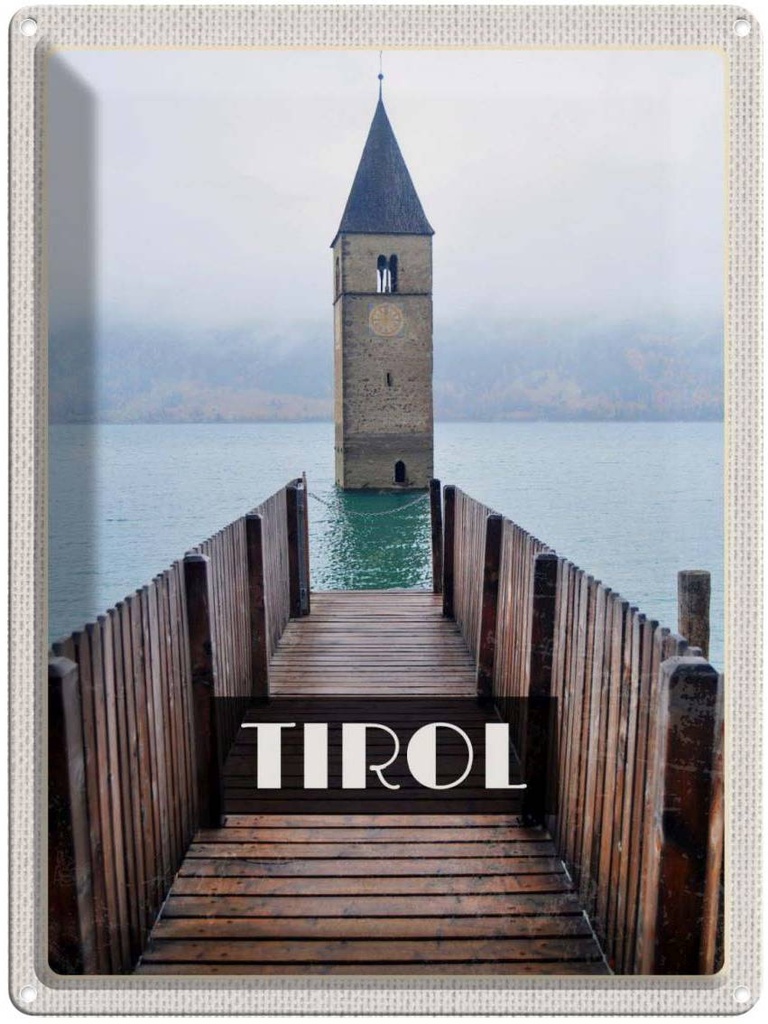 Blechschild 40x30 cm Tirol Österreich Kirchenturm Bildmotiv Reisemotiv Abenteuer Reisen Straße Stadt Urlaub