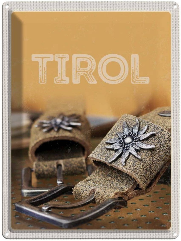Blechschild 40x30 cm Tirol Symbole Urlaub Blume Edelweiß Glück Bildmotiv Reisemotiv Abenteuer Reisen Europa