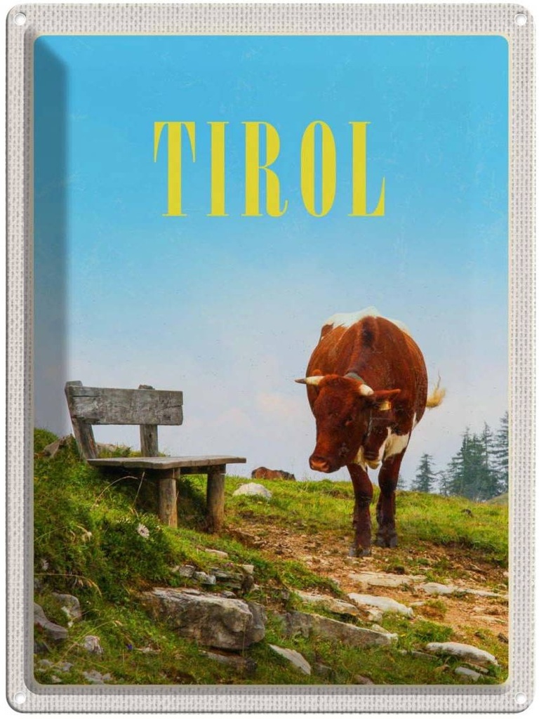 Blechschild 40x30 cm Österreich Natur Europa Urlaub Kuh Bank Wald Bildmotiv Reisemotiv Abenteuer Reisen