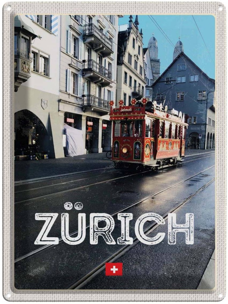Blechschild 40x30 cm Zürich Schweiz Jelmoli Straßenbahn Bildmotiv Reisemotiv Abenteuer Reisen Urlaub