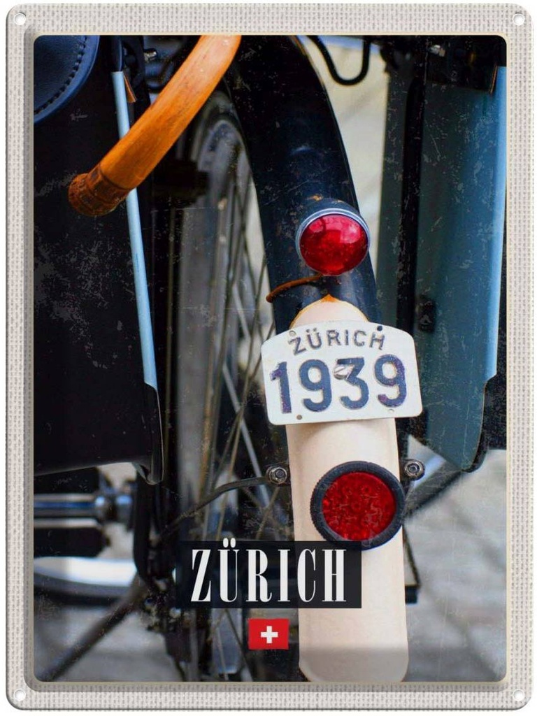 Blechschild 40x30 cm Zürich Fahrrad Urlaub 1939 Europa Bildmotiv Reisemotiv Abenteuer Reisen Straße Stadt