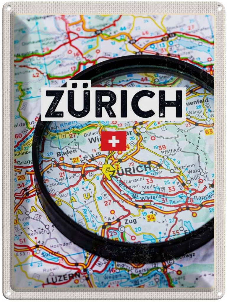 Blechschild 40x30 cm Zürich Schweiz Karte Lupe Stadt Bildmotiv Reisemotiv Abenteuer Reisen Urlaub