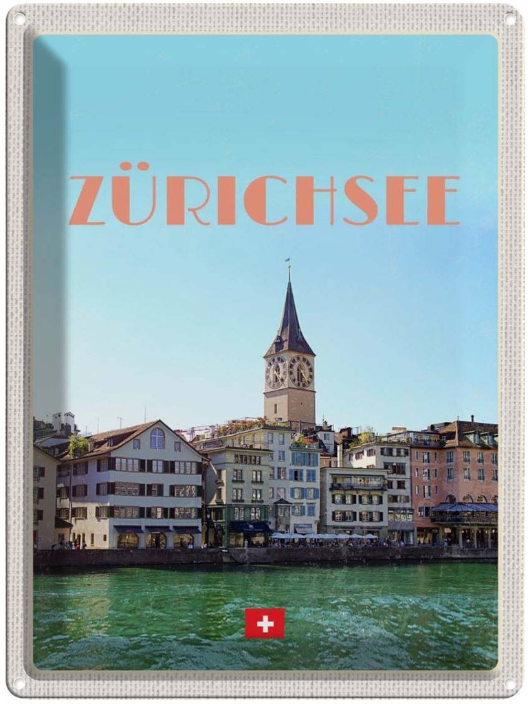 Blechschild 40x30 cm Zürich Schweiz Urlaub Ausblick See auf Stadt Bildmotiv Reisemotiv Abenteuer Reisen