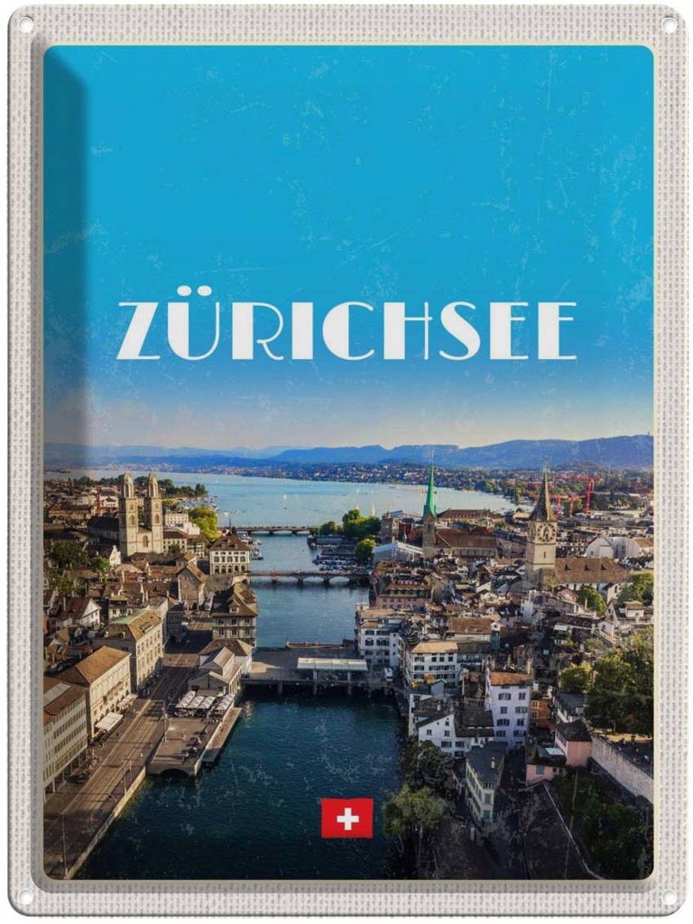 Blechschild 40x30 cm Zürich Ausblick Stadt Urlaub auf die Bildmotiv Reisemotiv Abenteuer Reisen Straße