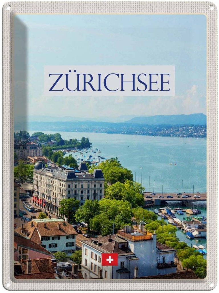 Blechschild 40x30 cm Schweiz Zürichsee Urlaub Wald Stadt Gebirge Bildmotiv Reisemotiv Abenteuer Reisen Europa