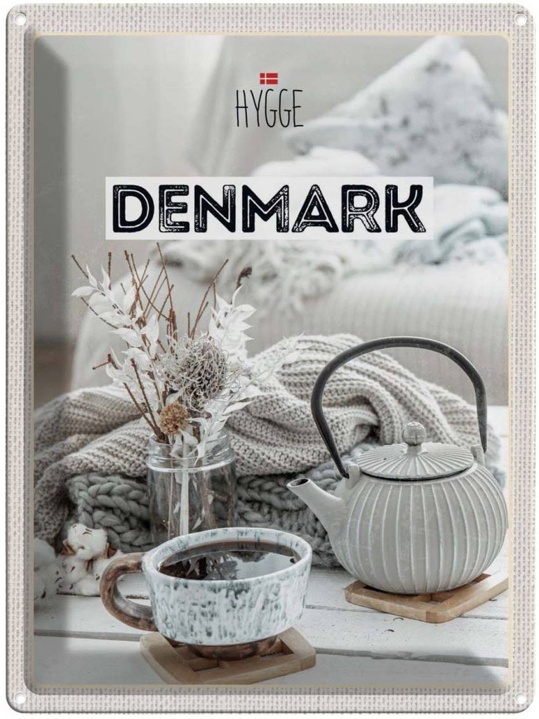 Blechschild 40x30 cm Dänemark weiß Urlaub Teekanne gemütlich Decke Bildmotiv Reisemotiv Abenteuer Reisen Europa
