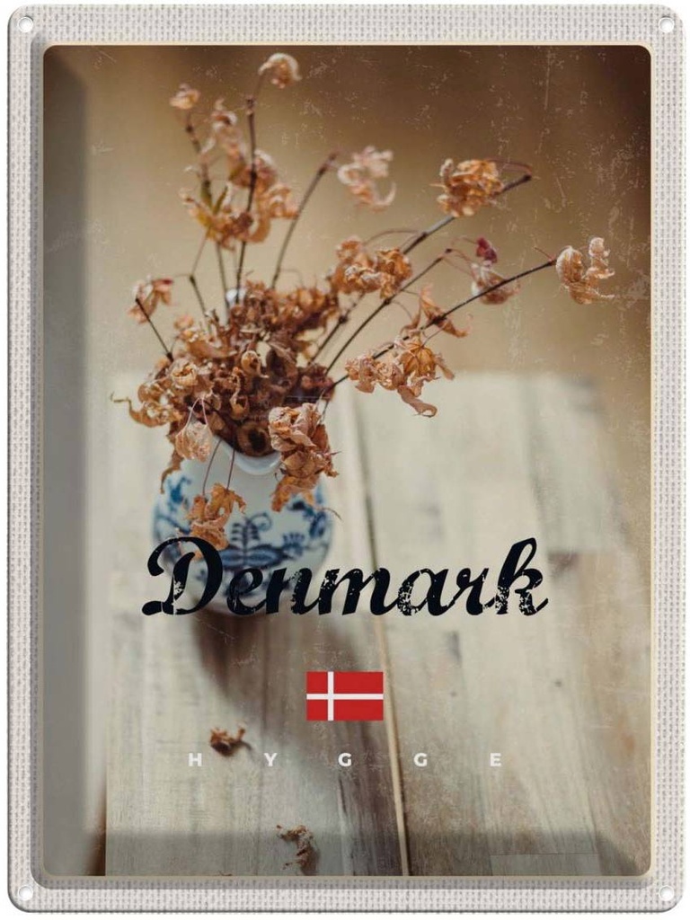 Blechschild 40x30 cm Dänemark verwelkte Urlaub Blumen in Vase Bildmotiv Reisemotiv Abenteuer Reisen Europa