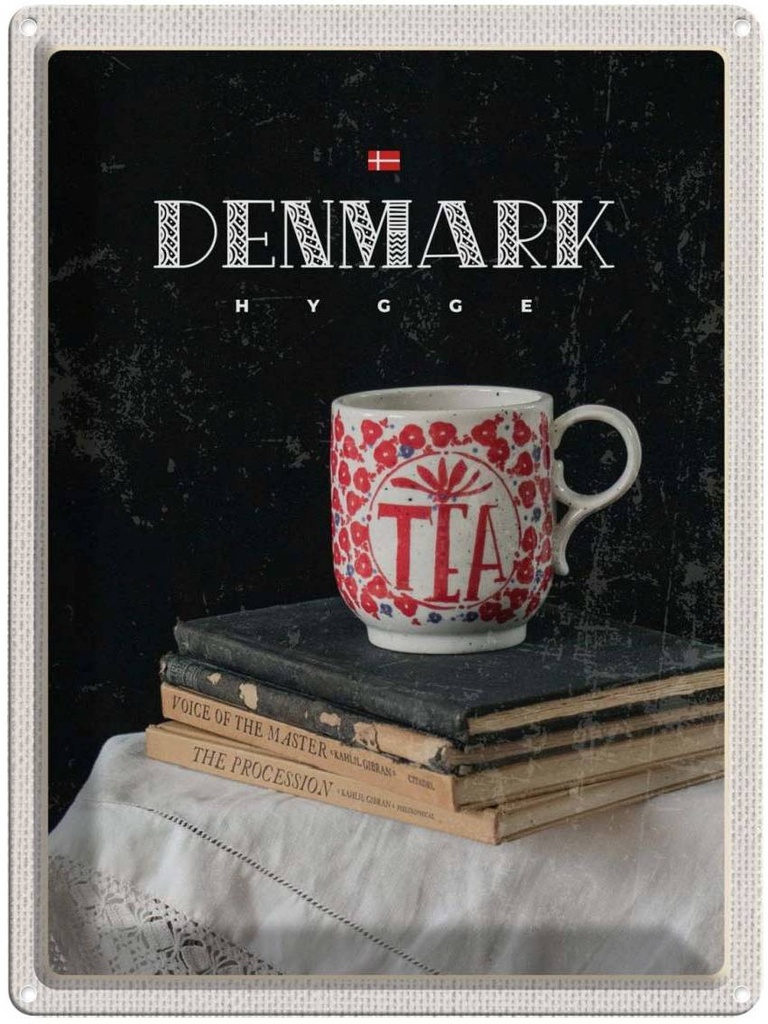 Blechschild 40x30 cm Dänemark Teetasse Bücher Tischdecke Bildmotiv Reisemotiv Abenteuer Reisen Europa Urlaub