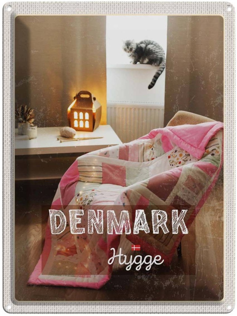 Blechschild 40x30 cm Dänemark Decke Wohnzimmertisch Katze Bildmotiv Reisemotiv Abenteuer Reisen Europa Urlaub