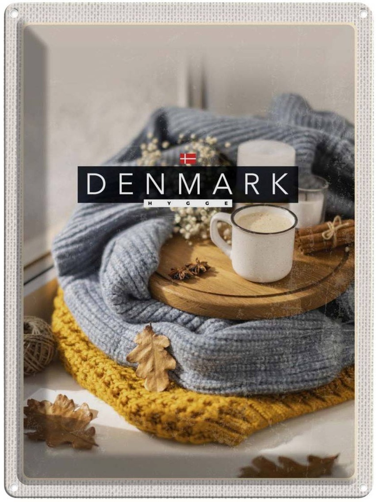 Blechschild 40x30 cm Dänemark Wollpullover Tasse Zimtstange Bildmotiv Reisemotiv Abenteuer Reisen Europa Urlaub