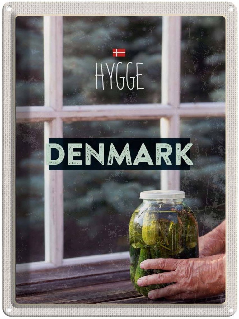 Blechschild 40x30 cm Dänemark Gurken Urlaub im Glas Fenster Bildmotiv Reisemotiv Abenteuer Reisen Europa