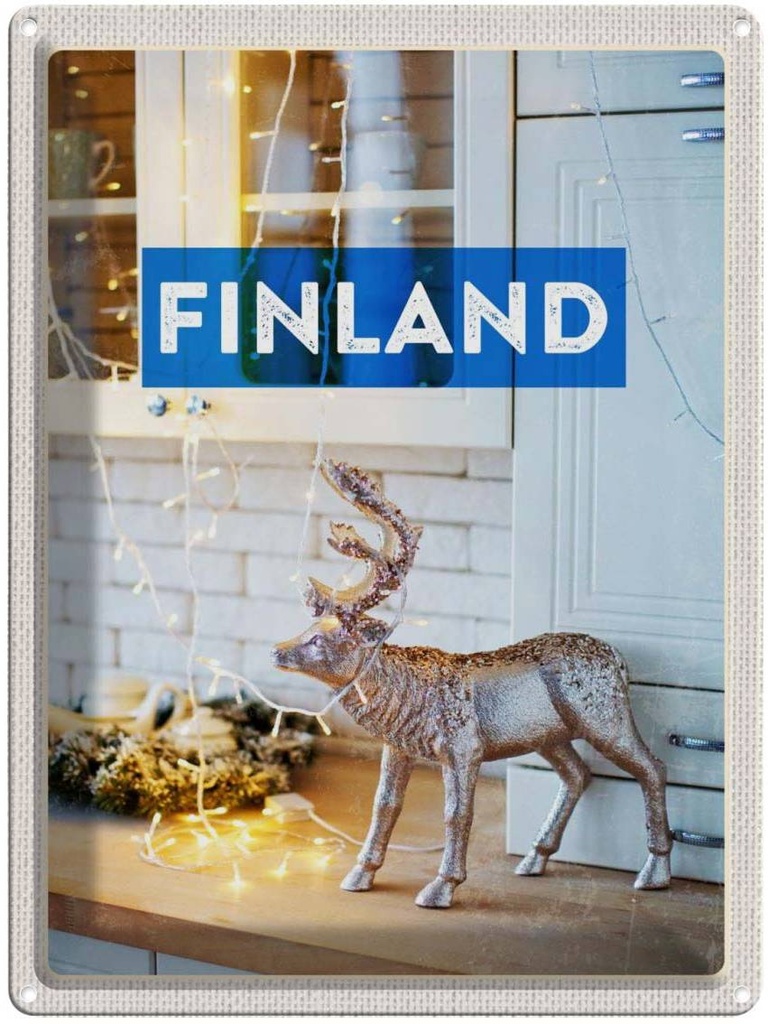 Blechschild 40x30 cm Finnland Hirsch Lichterkette Schrank Bildmotiv Reisemotiv Abenteuer Reisen Europa Urlaub