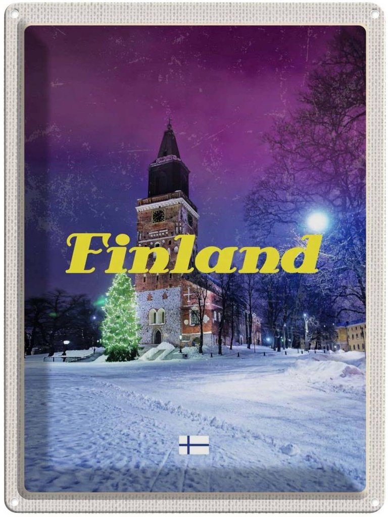 Blechschild 40x30 cm Finnland Schnee Winter Tannenbaum Bildmotiv Reisemotiv Abenteuer Reisen Europa Urlaub