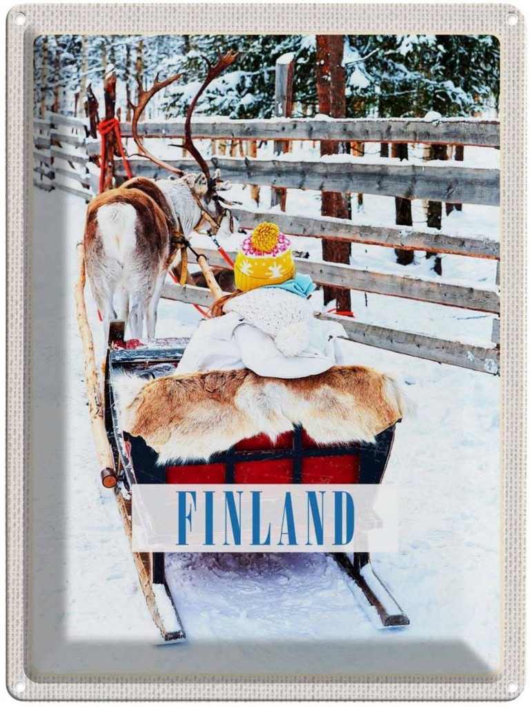 Blechschild 40x30 cm Finnland Schnee Urlaub Kind Hirsch Schlitten Bildmotiv Reisemotiv Abenteuer Reisen Europa