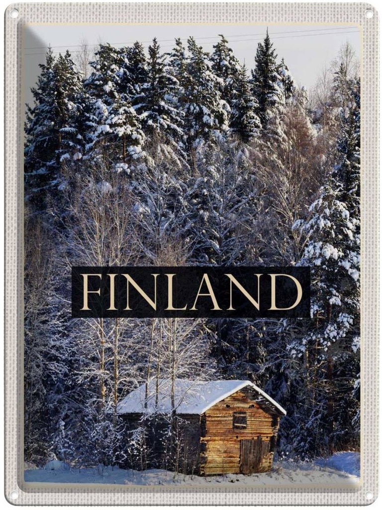 Blechschild 40x30 cm Finnland Haus Urlaub Schnee Wald Winterzeit Bildmotiv Reisemotiv Abenteuer Reisen Europa