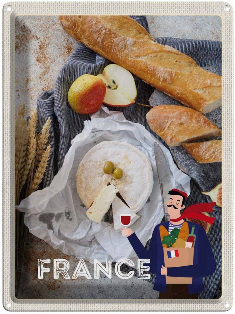 Blechschild 40x30 cm Frankreich Baguette Urlaub Käse Birne Olive Bildmotiv Reisemotiv Abenteuer Reisen Europa