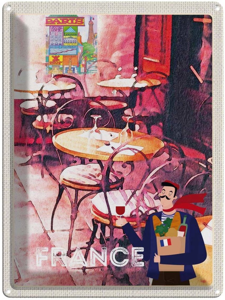 Blechschild 40x30 cm Frankeich Restaurant Gemälde Stühle Bildmotiv Reisemotiv Abenteuer Reisen Europa Urlaub