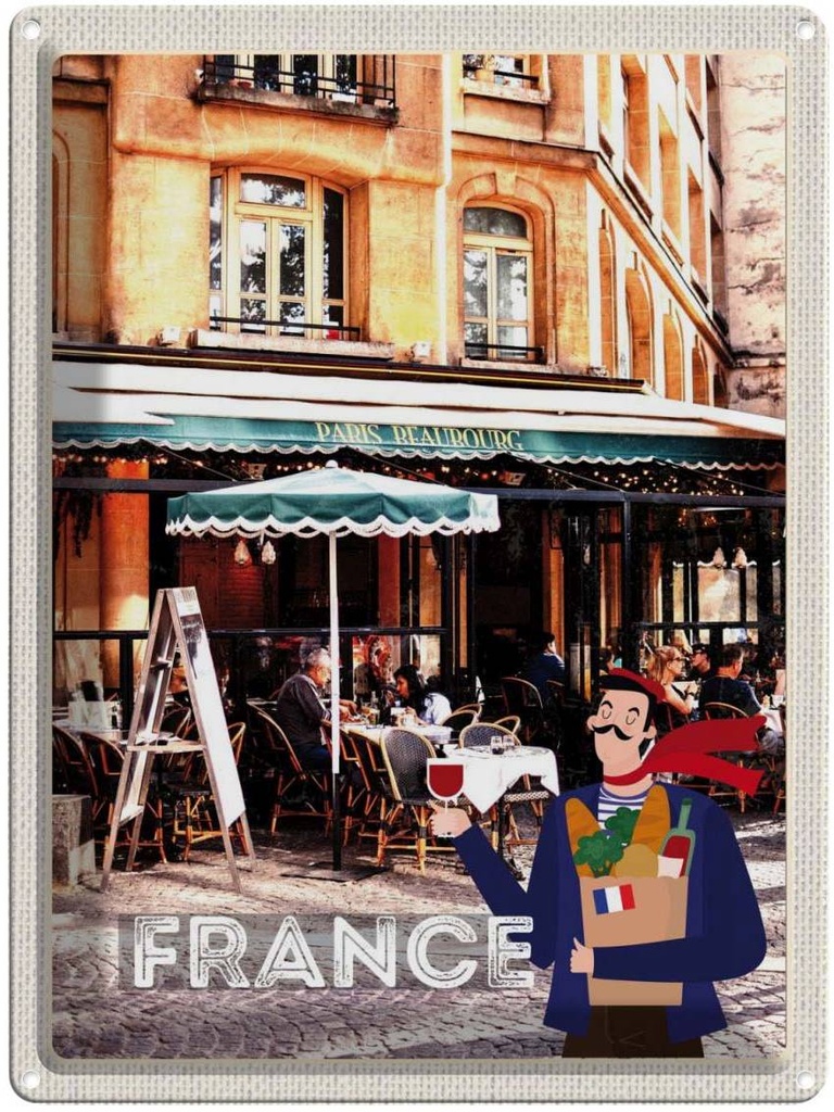 Blechschild 40x30 cm Frankreich Innenstadt Restaurant Wein Bildmotiv Reisemotiv Abenteuer Reisen Europa Urlaub