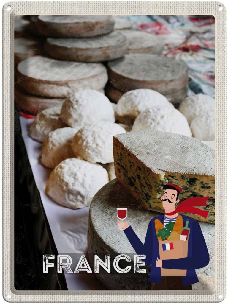 Blechschild 40x30 cm Frankreich Schimmelkäse Wein Essen Bildmotiv Reisemotiv Abenteuer Reisen Europa Urlaub