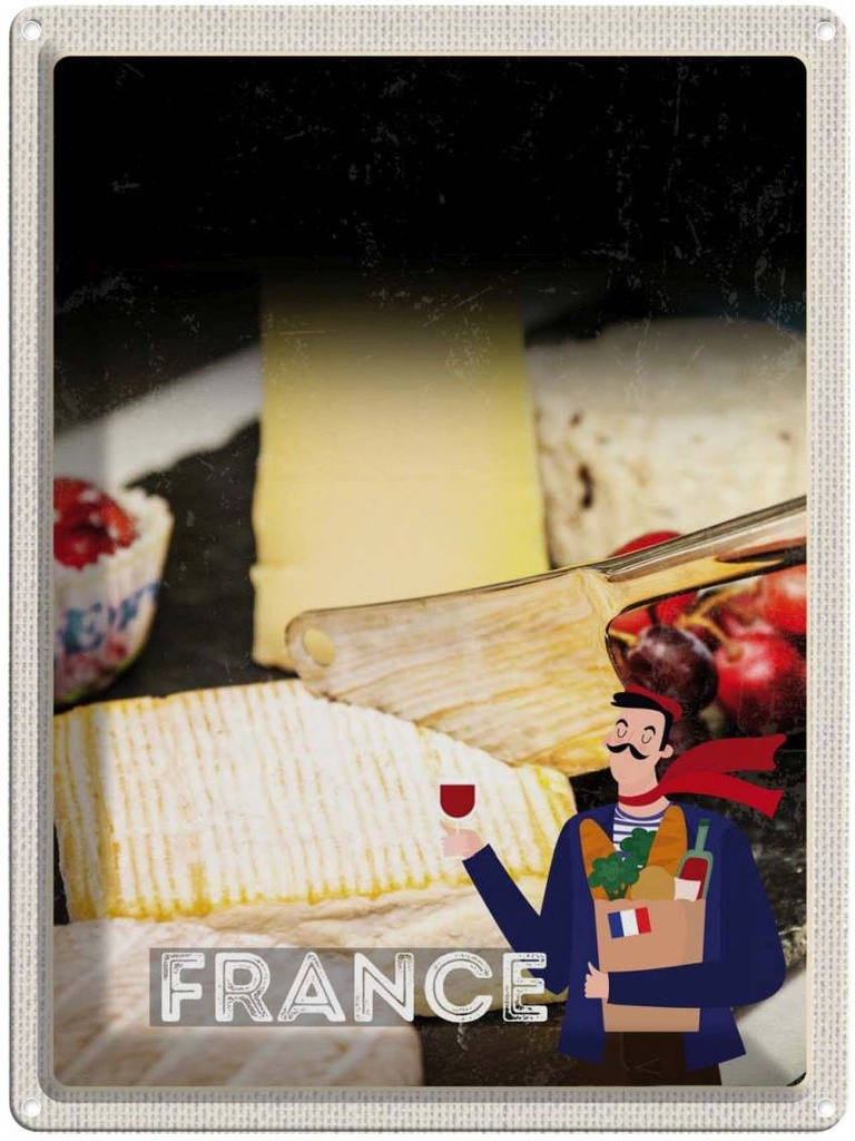 Blechschild 40x30 cm Frankreich Käse Camembert Schimmelkäse Bildmotiv Reisemotiv Abenteuer Reisen Europa Urlaub