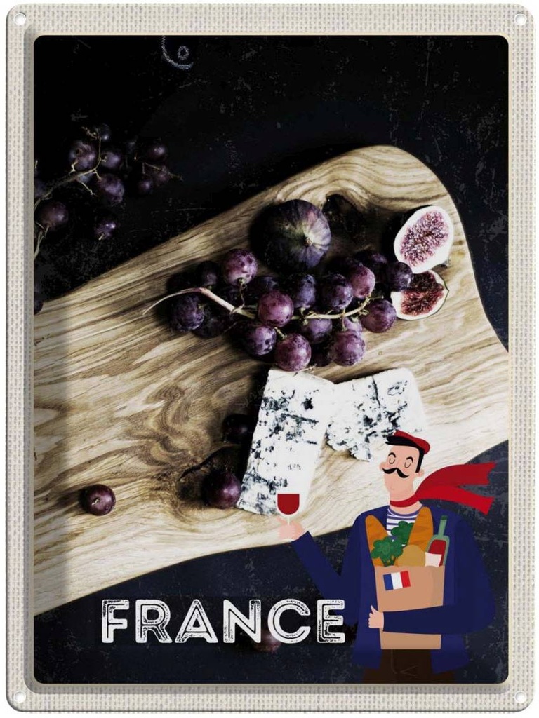 Blechschild 40x30 cm Frankreich Trauben Feigen Schimmelkäse Bildmotiv Reisemotiv Abenteuer Reisen Europa Urlaub