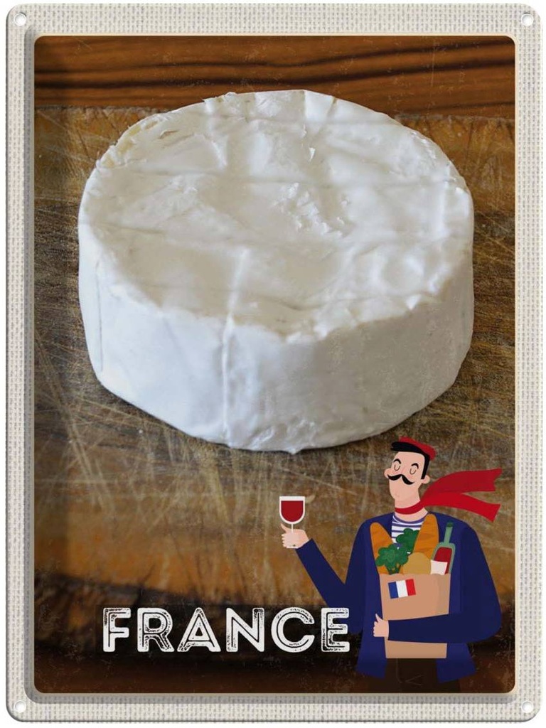 Blechschild 40x30 cm Frankreich Camembert Käse Baguette Bildmotiv Reisemotiv Abenteuer Reisen Europa Urlaub