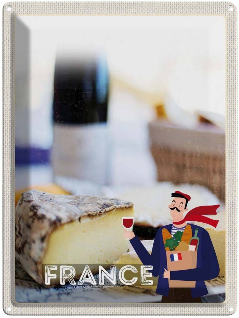 Blechschild 40x30 cm Frenkreich Schimmelkäse Croissant Essen Trinken